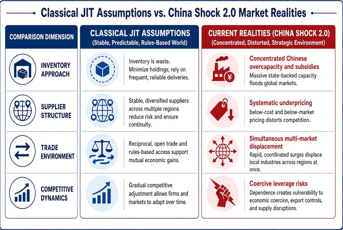Comparison graphic contrasting classical JIT assumptions about inventory, supplier structure, trade, and competition with China Shock 2.0 realities of overcapacity, underpricing, multi-market displacement, and coercive leverage.