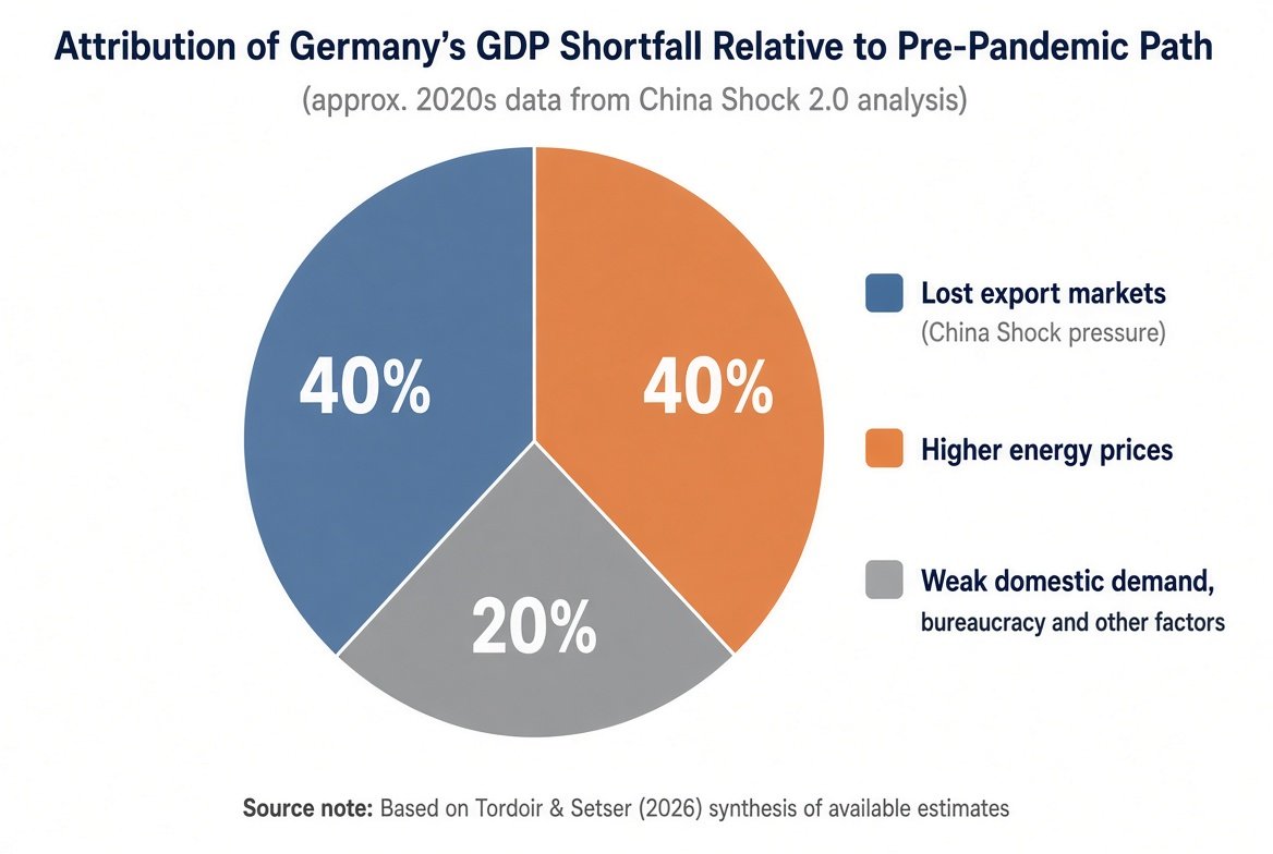Pie chart attributing Germany’s GDP shortfall relative to its pre-pandemic path: 40 percent to lost export markets, 40 percent to higher energy prices, and 20 percent to weak domestic demand, bureaucracy, and other factors.