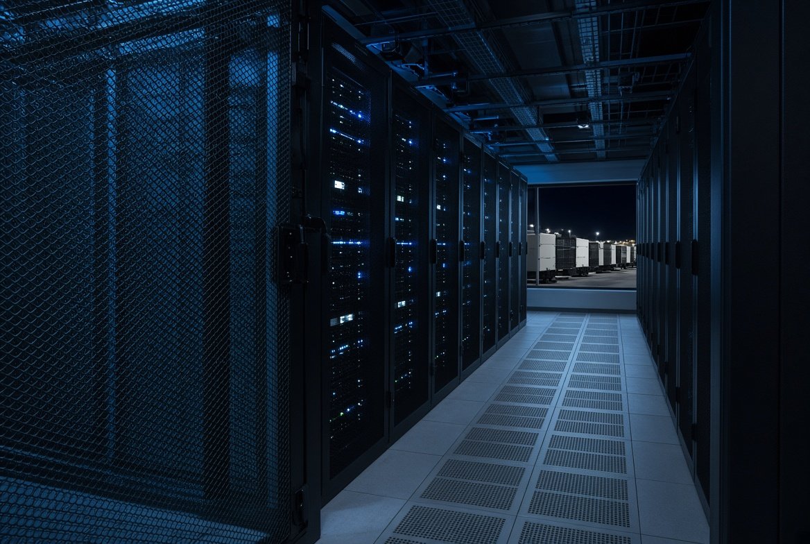 A data hall at night: a mesh cage, rows of racks, and generators standing outside the glass.