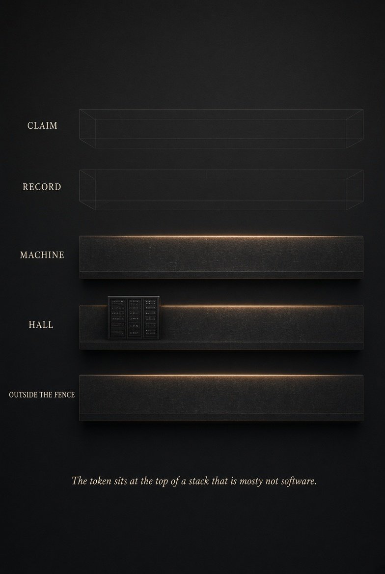 Five layers: claim and record drawn as empty outlines, then machine, hall and outside the fence as solid bars. A small rack sits on the hall.